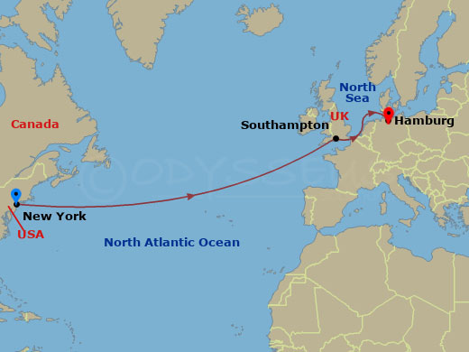 9-night Eastbound Transatlantic Crossing Cruise Itinerary Map