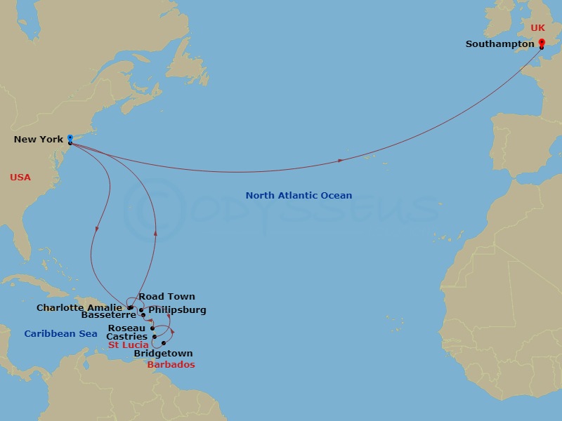 22-night Transatlantic Crossing And Eastern Caribbean Cruise Itinerary Map