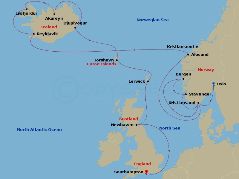 15-night Europe: Norway, Scotland & Iceland Cruise Itinerary Map