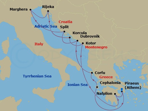 itinerary map of 11-night Venetian & Dalmatian Delight Cruise