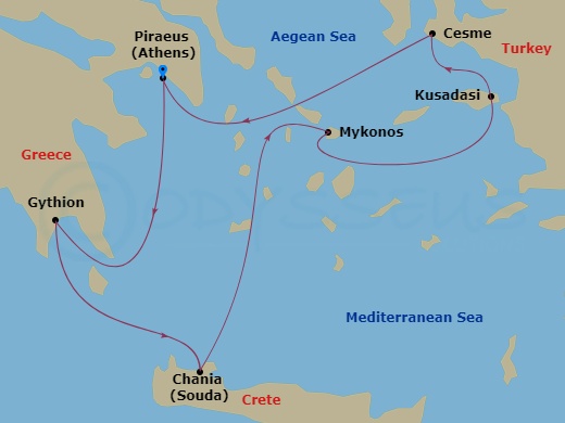 itinerary map of 7-night Greek Isles & Ephesus Cruise