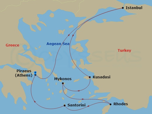 7-night Greek Isles: Santorini, Mykonos & Istanbul Cruise Itinerary Map