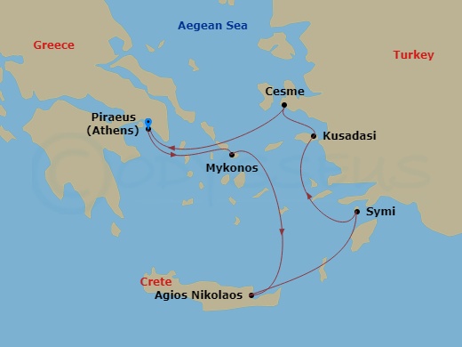 itinerary map of 7-night Ephesus & Greek Island Gems Cruise