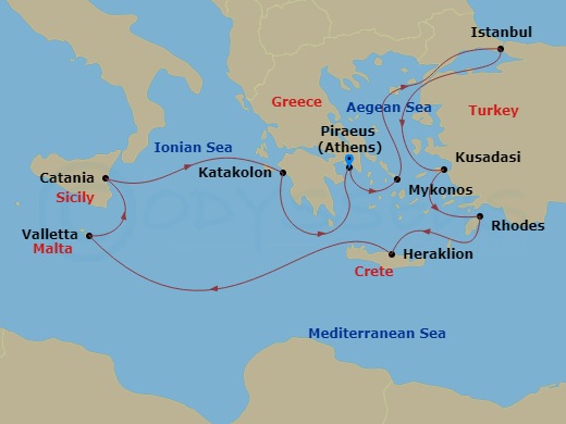 itinerary map of 14-night Turkey & Greek Isles Cruise