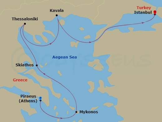 itinerary map of 7-night A Journey of Mykonos Sunsets and Macedonia Kingdoms Cruise