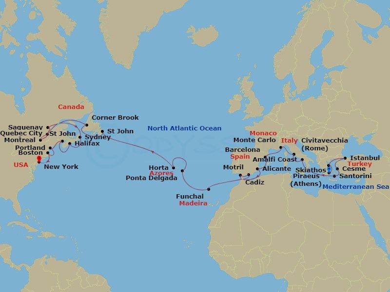 39-night Historic Sites and New World Flavor Cruise – Athens (Piraeus) to New York