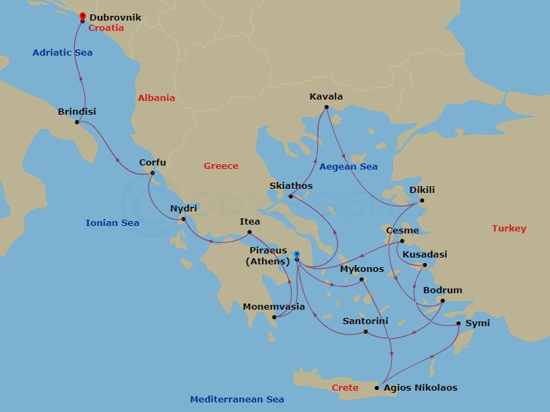 itinerary map of 21-night Aegean Treasures, Greek Isles & Ephesus Cruise