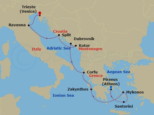 9-night Greek Isles: Italy, Greece & Croatia Cruise Itinerary Map
