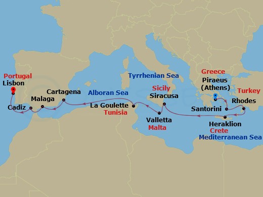 14-night Mediterranean Cruise Itinerary Map
