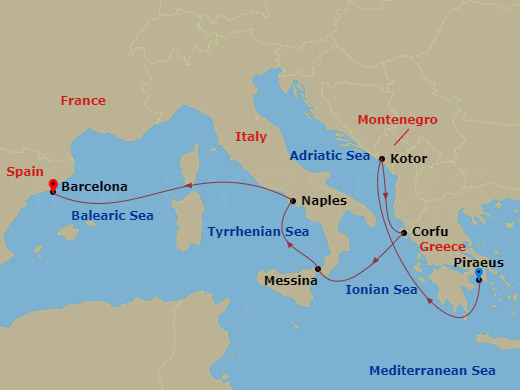 7-night Mediterranean With Greece & Italy Cruise Itinerary Map