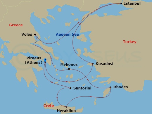 9-night Greek Isles: Santorini, Rhodes & Istanbul Cruise Itinerary Map