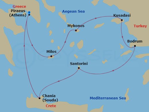 itinerary map of 7-Night Greek Journey To Ephesus Cruise