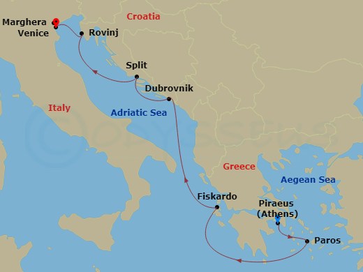 itinerary map of 7-night A Journey Pulled by Greek Fates to Croatian Shores Cruise