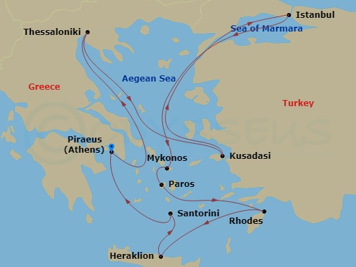 10-night Greek Isles: Santorini, Mykonos & Istanbul Cruise Itinerary Map