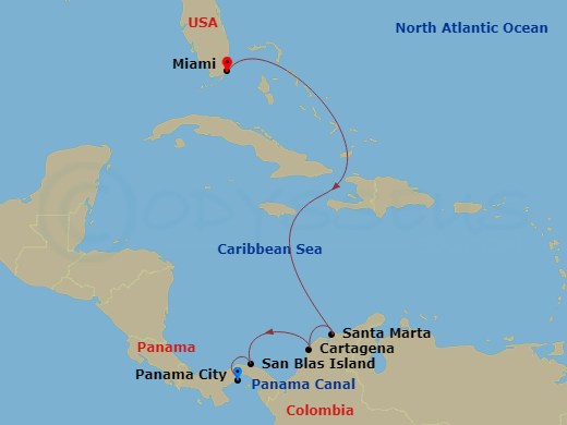 itinerary map of 7-night A Journey Traversing the Panama Canal Cruise