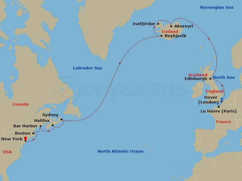 itinerary map of 18-night World Cruise Segment - London (Dover) To New York