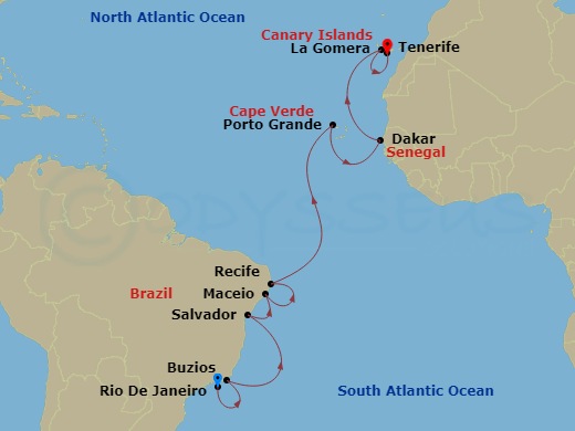 16-night Sumptuous South Atlantic Voyage Itinerary Map
