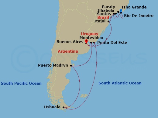 21-night Radiant Brazil & Argentina Voyage Itinerary Map