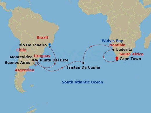 22-night Exotic Atlantic Shores - 2025 World Cruise Segment Itinerary Map