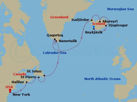 12-night Iceland, Greenland & Canada Cruise Itinerary Map