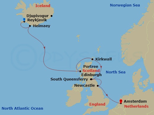 itinerary map of 10-night Icelandic & Scottish Mysteries Cruise