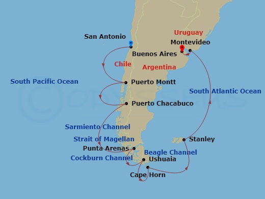 14-night South America Passage Cruise Itinerary Map