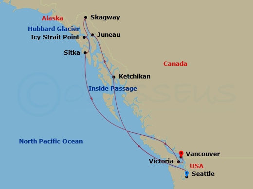 10-night Radiant Alaska Voyage Itinerary Map