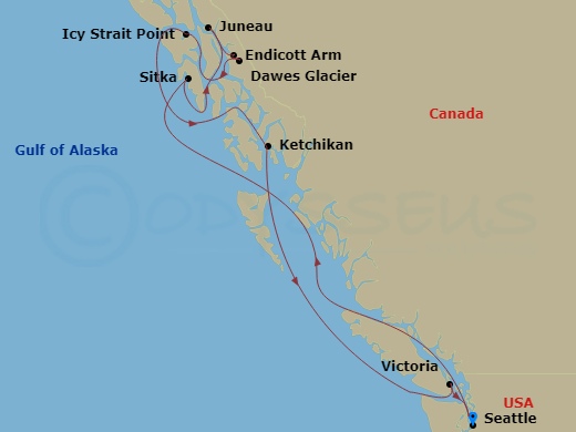 7-night Alaska: Glacier Bay, Skagway & Juneau Cruise Itinerary Map
