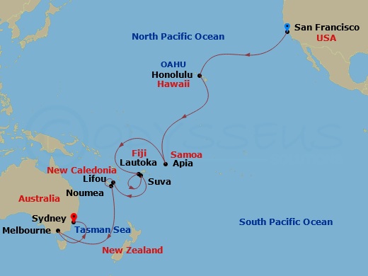 25-night San Francisco To Sydney Cruise Itinerary Map