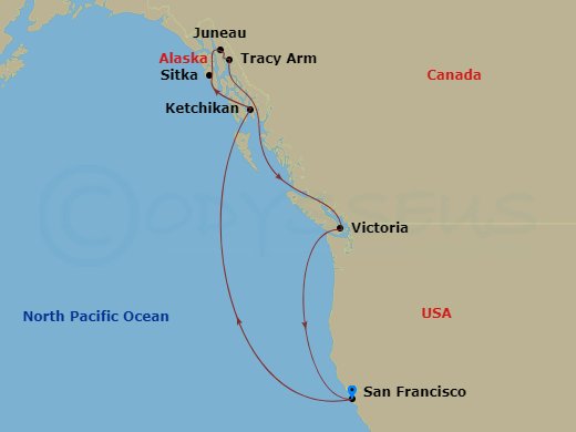 11-night Inside Passage (Roundtrip San Francisco) Cruise Itinerary Map