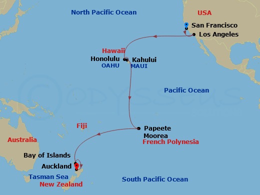 23-night Hawaii, Tahiti & South Pacific Crossing Cruise Itinerary Map