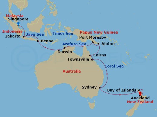24-night Astounding Australasia Voyage Itinerary Map