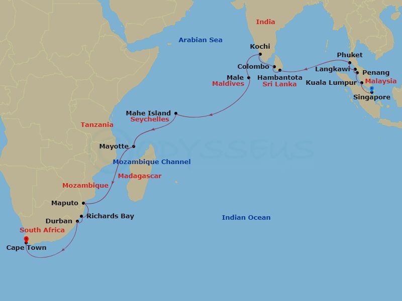 28-night Asia & Africa Explorer Voyage Itinerary Map