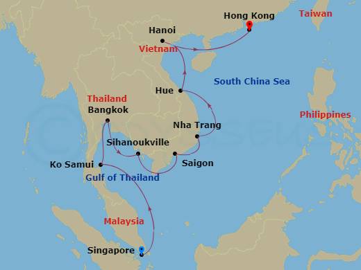 15-night Southeast Asian Sojourn Voyage Itinerary Map