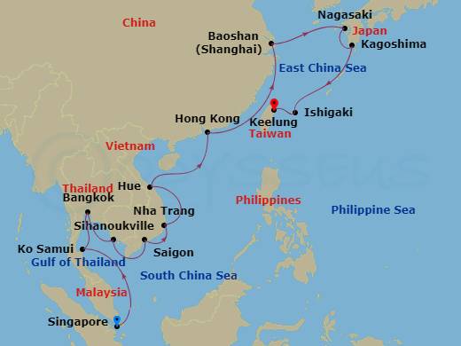 22-night Revered Pagodas - 2025 World Cruise Itinerary Map