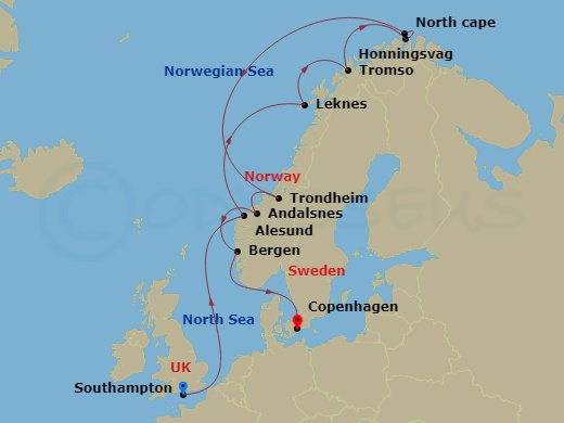14-night Norway Cruise Itinerary Map