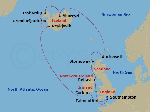 14-night Icelandic Fjords & British Isles Cruise Itinerary Map