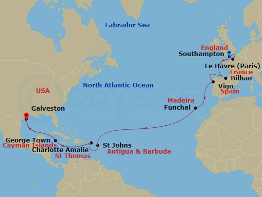 21-night Tropical Passage Cruise Itinerary Map