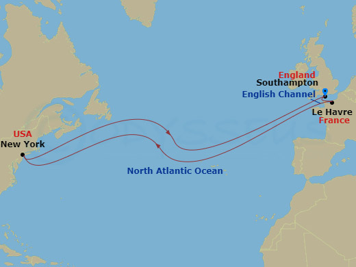 15-night Roundtrip Transatlantic Crossing Cruise Itinerary Map