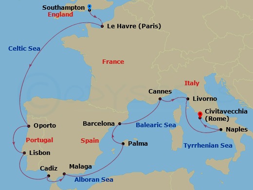 12-night Europe: Italy, France, Spain & Portugal Cruise Itinerary Map