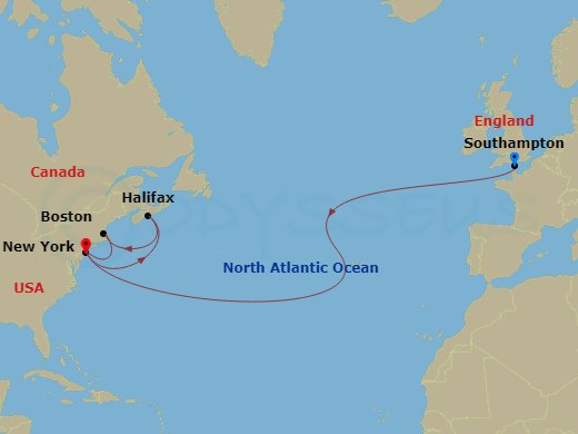 13-night Transatlantic Crossing, New England And Canada Cruise Itinerary Map
