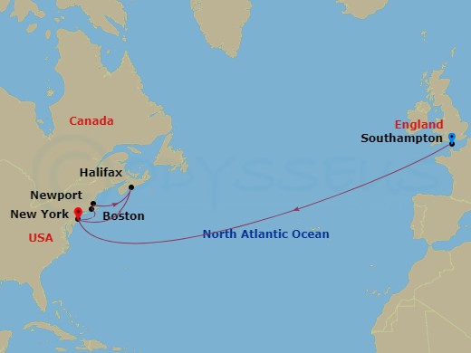 14-night Transatlantic Crossing, New England And Canada Cruise Itinerary Map