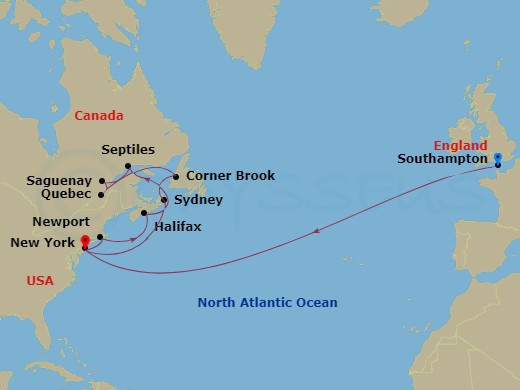 21-night Transatlantic Crossing, New England And Canada Cruise Itinerary Map
