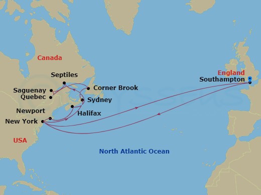 28-night Transatlantic Crossing, New England And Canada Cruise Itinerary Map