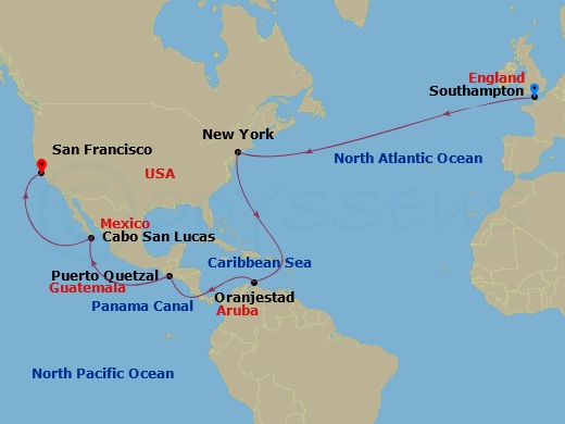 26-night Southampton To San Francisco Cruise Itinerary Map