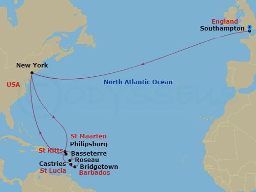 26-night Transatlantic Crossing And Eastern Caribbean Cruise Itinerary Map