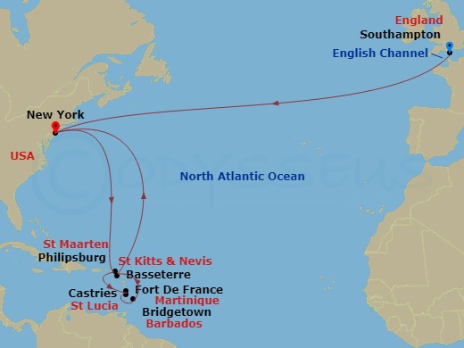 20-night Transatlantic Crossing, Caribbean Celebration Cruise Itinerary Map