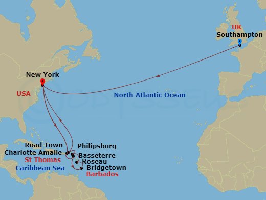 21-night Transatlantic Crossing And Eastern Caribbean Cruise Itinerary Map