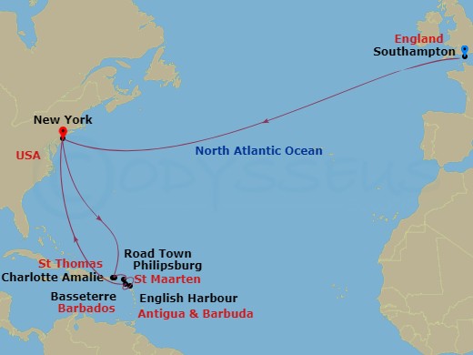 19-night Transatlantic Crossing And Caribbean Celebration Cruise Itinerary Map