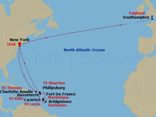 20-night Transatlantic Crossing And Caribbean Celebration Cruise Itinerary Map